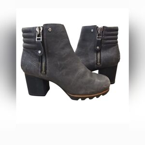 Sorel 9 Gray Danica 3" Stacked Heel Waterproof Boots Lug Sole Side Zip 5" Shaft